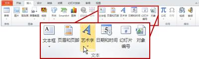 PowerPoint 2010 中的“插入”选项卡,其中突出显示了“艺术字”按钮。